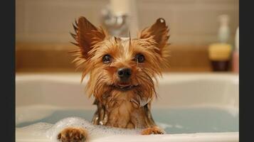 A playful Yorkshire Terrier enjoying a bubbly bath in a cozy bathroom setting photo