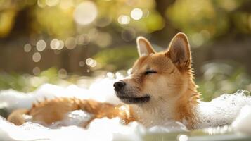A serene dog enjoying a bubble bath in a sunlit garden, surrounded by soft greenery and bokeh effects photo