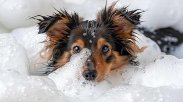 A playful dog enjoying a bubble bath, surrounded by fluffy white foam, creating a cheerful scene photo