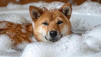 A relaxed dog enjoying a bubble bath in a cozy bathroom setting with soft lighting photo