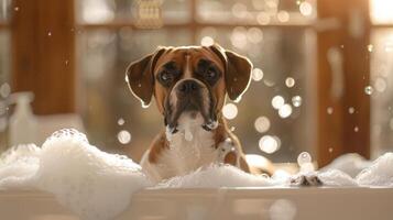 Playful dog enjoying a bubbly bath in a cozy home setting with warm sunlight streaming in photo