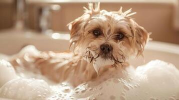 Playful dog enjoying a bubbly bath in a cozy bathroom with warm lighting and soft decor photo