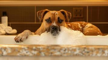 Dog enjoying a bubble bath in a luxurious bathroom, with towels and toiletries in the background photo