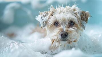 A small, fluffy dog enjoying a bubble bath in a light blue tub with foam and playful splashes photo