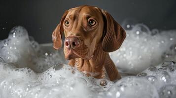 Playful dog enjoying a bubbly bath in a cozy indoor setting with soft lighting photo