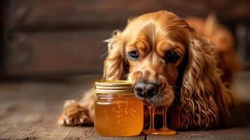 A golden cocker spaniel curiously interacts with a jar of honey on a rustic wooden surface photo