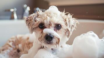 A playful dog enjoys a bubble bath in a cozy bathroom, surrounded by soft lighting and decor photo