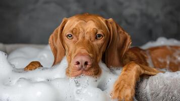 A relaxed dog lounging in a bubble bath, showcasing a calm atmosphere with soft textures photo