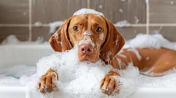 A playful dog enjoying a bubbly bath in a modern bathroom, surrounded by soap suds and tiles photo