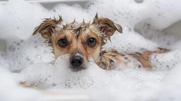 A small dog enjoying a bubble bath in a white tub, surrounded by suds and playful foam photo