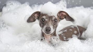 Playful dog enjoying a bubbly bath, surrounded by foam, creating a cheerful atmosphere photo