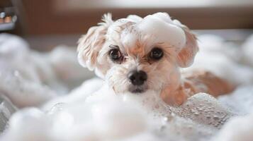 A small dog enjoying a bubble bath in a cozy bathroom with soft lighting and foam photo