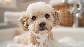 Adorable small dog enjoying a bubbly bath in a cozy bathroom with soft towels and relaxing decor photo