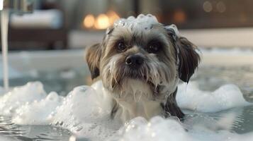 A small dog enjoying a bubble bath in a luxurious bathroom with a cozy ambiance photo