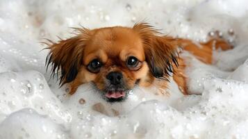 A small dog playfully submerged in a bubbly bath, enjoying a fun grooming session at home photo