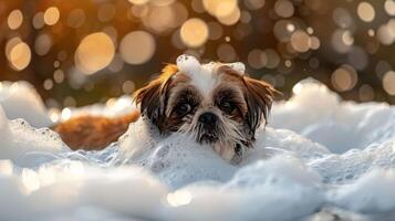 A fluffy dog enjoying a bubble bath outdoors with a blurred background of golden lights photo