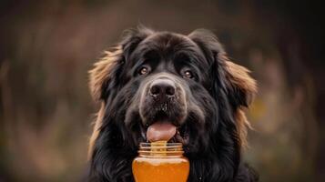 A playful dog enjoying a jar of honey in a natural outdoor setting with blurred background photo