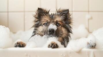 Playful dog enjoying a bubble bath in a cozy bathroom with tiles and foam photo