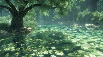 Serene forest scene with a tranquil pond, surrounded by lush greenery and soft mist photo