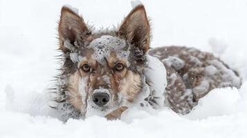 Dog covered in bubbles playing in the snow, with a winter landscape in the background photo