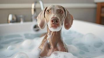 A playful dog enjoying a bubble bath in a modern bathroom with soft lighting and fixtures photo