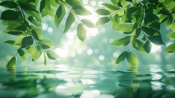 Lush green leaves reflecting on serene water surface, with soft sunlight and bokeh background photo