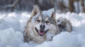 Happy dog playing in a snowy landscape, surrounded by bubbles, enjoying winter fun outdoors photo