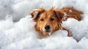 Golden retriever puppy playfully submerged in soapy bubbles during bath time at home photo