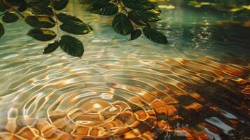 Serene water surface reflecting sunlight, surrounded by lush green leaves, creating a tranquil atmosphere photo