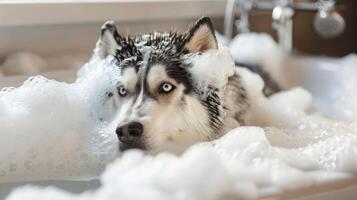 A playful husky dog enjoying a bubble bath in a bright, cozy bathroom setting photo