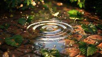 Serene garden scene with raindrops creating ripples on a stone path surrounded by lush greenery photo