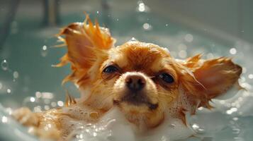 A small dog enjoys a bubbly bath in a sink, with playful splashes and sunlight in the background photo