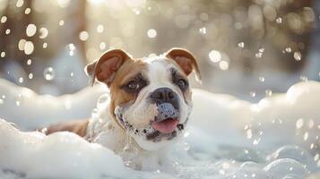 Playful puppy enjoying a bubbly bath outdoors, with sunlight filtering through trees photo