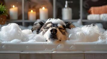 A relaxed dog enjoying a bubble bath in a cozy bathroom with candles and decor photo