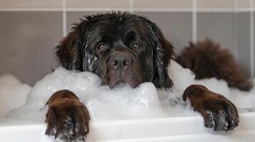 A Newfoundlander dog enjoying a bubble bath in a modern bathroom with playful bubbles photo