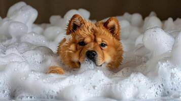 A fluffy dog enjoying a bubble bath, surrounded by foam in a cozy bathroom setting photo