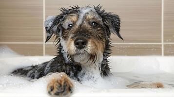 A wet dog relaxing in a bubble bath, enjoying a grooming session in a modern bathroom photo