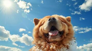 Happy Chow Chow dog with a bright sky and fluffy clouds in the background, enjoying the outdoors photo