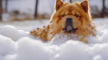 A fluffy dog enjoying a bubble bath in a snowy landscape, with trees in the background photo