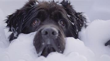 A black dog enjoying a bubble bath, surrounded by foam and water, with a serene expression photo