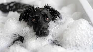 Black dog enjoying a bubble bath in a bright bathroom, with playful bubbles surrounding it photo