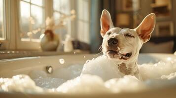 Playful dog enjoying a bubble bath in a sunlit bathroom with cozy decor and soft towels photo