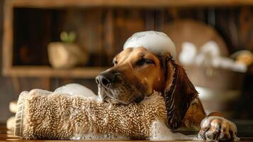 Relaxing dog enjoying a bubble bath at home, surrounded by wooden decor and bath accessories photo