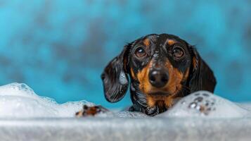 Playful dachshund enjoying a bubbly bath in a bright blue setting with soft background photo
