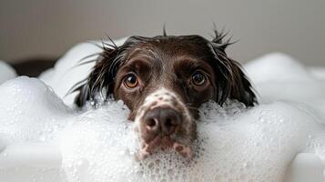 Dog enjoying a bubbly bath in a cozy indoor setting with soft lighting and a relaxed atmosphere photo