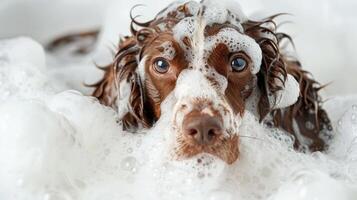 A brown dog covered in bubbles during a bath, with playful splashes in the background photo
