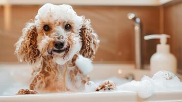A playful dog enjoying a bubbly bath in a bright bathroom with soap suds and a cheerful atmosphere photo