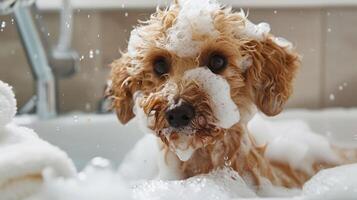 Adorable dog enjoying a bubbly bath in a cozy bathroom setting with soft towels nearby photo
