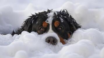 A playful dog enjoying a bubble bath, surrounded by foamy suds in a bright bathroom setting photo