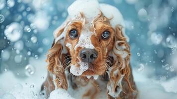 A playful dog enjoying a bubbly bath with soap and water splashes in a bright setting photo